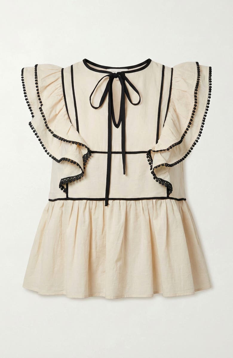 Modenaire Ruffle Sleeve Peplum Front Tie Top, Alternate, color, Cream