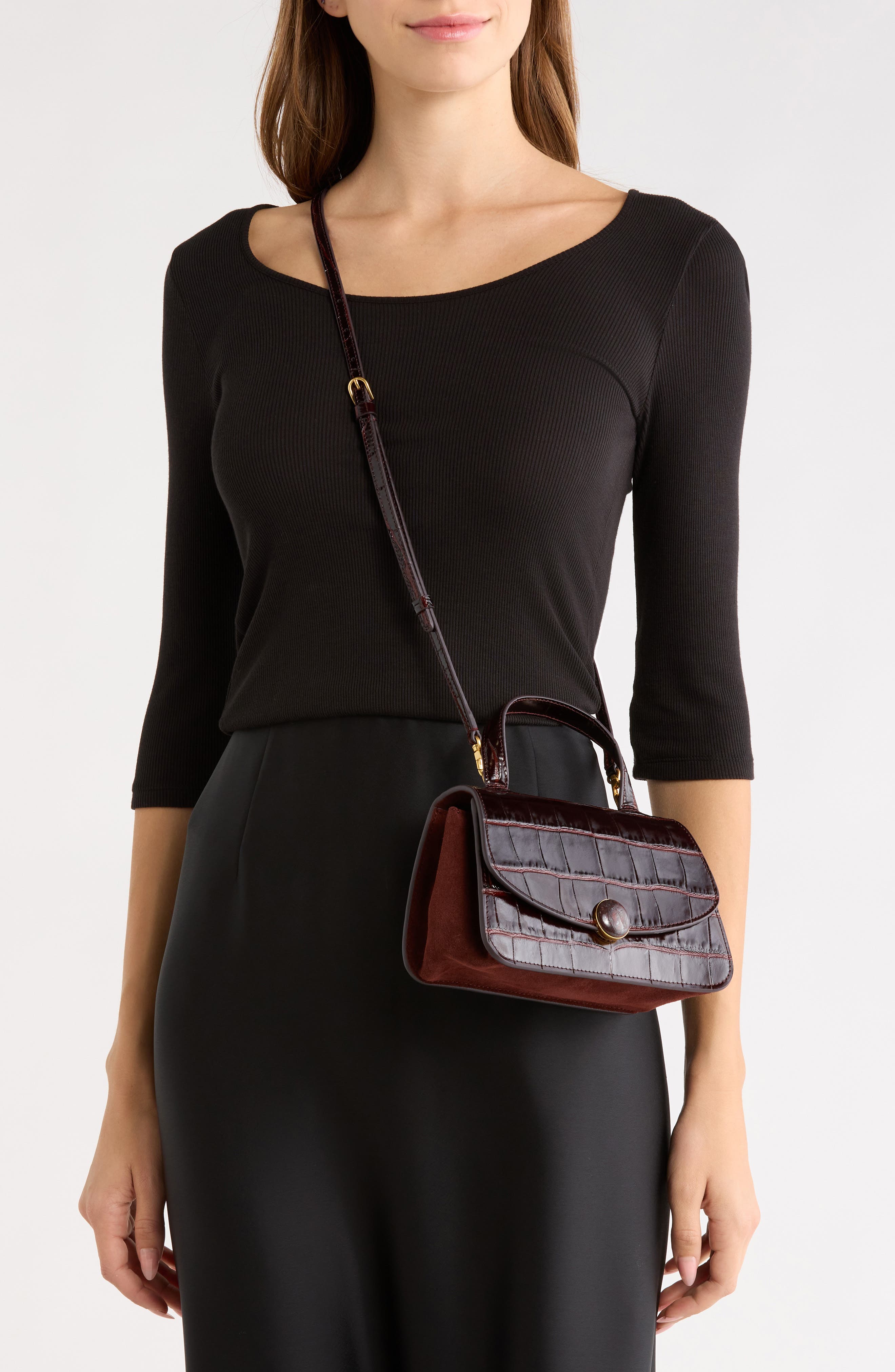 Flora Mini Croc Embossed Leather Top Handle Bag, Alternate, color, BLACK ROSE
