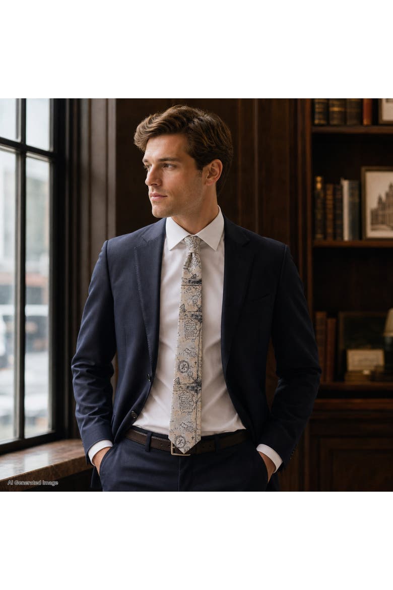 Sparrow's Bounty Treasure Map Silk Novelty Necktie, Alternate, color, Light Tan