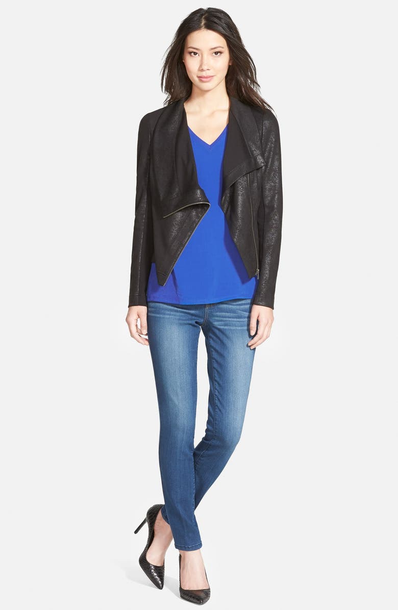Two by Vince Camuto Distressed Foil Ponte Knit Asymmetrical Jacket, Alternate, color, 