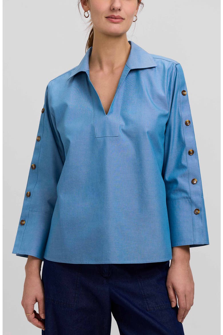 Lainey Button Accent Cotton Popover Top, Main, color, SOFT INDIGO BLUE