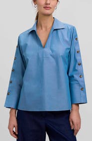 Foxcroft Lainey Button Accent Cotton Popover Top