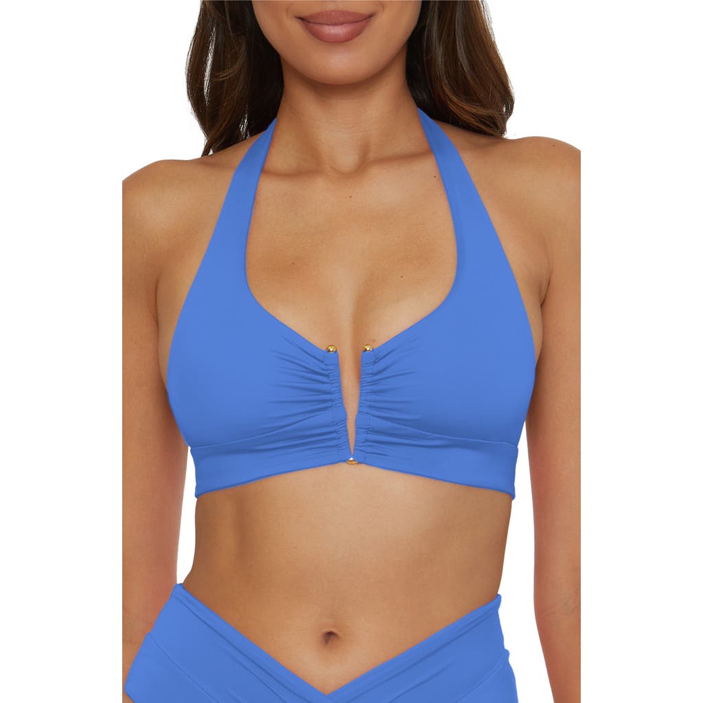 Becca Shirred V-wire Halter Bikini Top In Blue