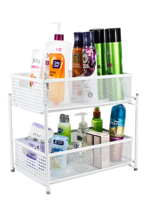 White 2 Tier Mesh Sliding Drawer Organizer Basket