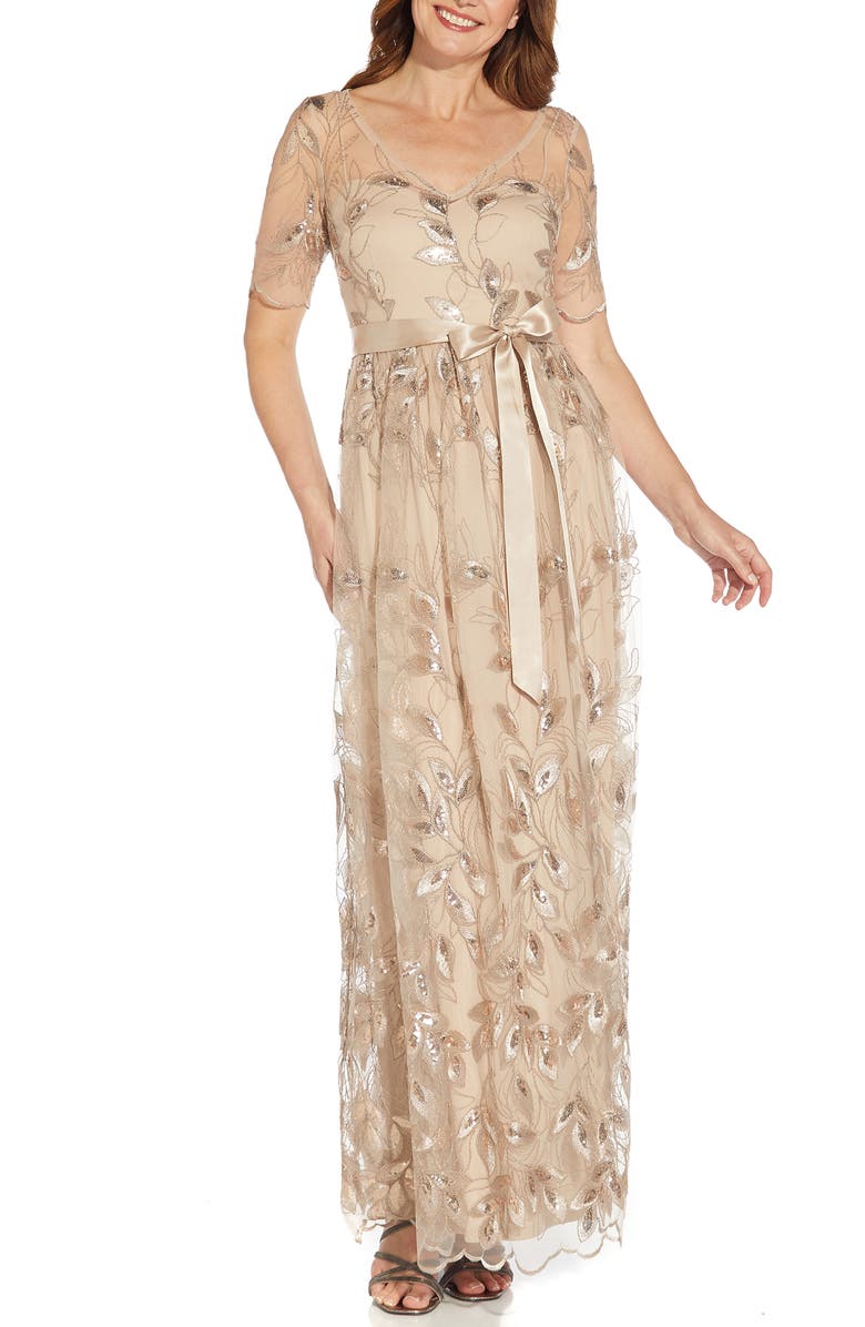 Adrianna Papell Embroidered Evening Gown, Main, color, Champagne Gold
