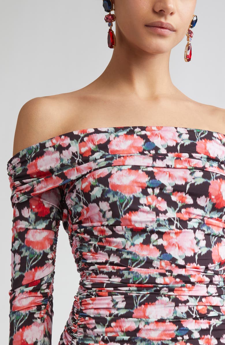 Carolina Herrera Peony Print Ruched Long Sleeve Off the Shoulder Jersey Dress, Alternate, color, Pink Multi