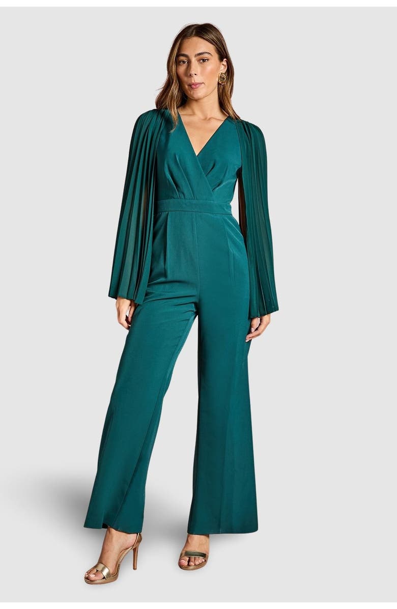 Coast V Neck Pleated Long Sleeve Jumpsuit, Main, color, Emerald