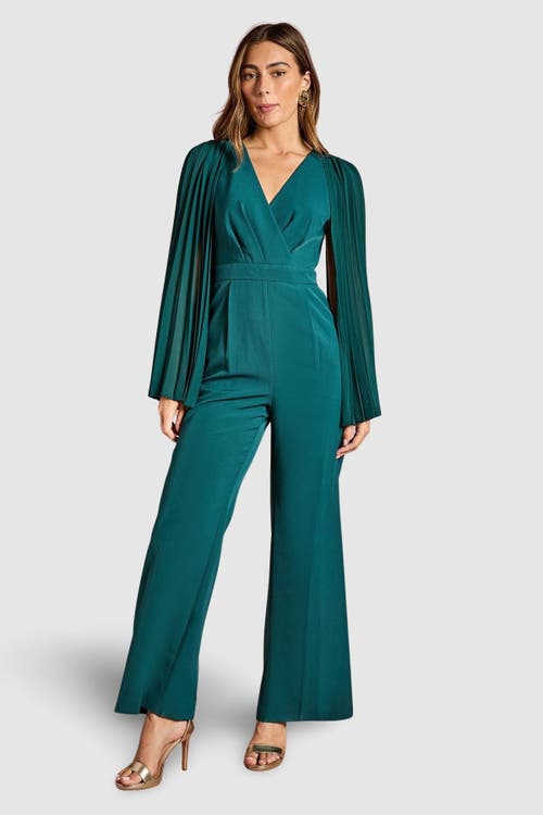 Coast V Neck Pleated Long Sleeve Jumpsuit In Green