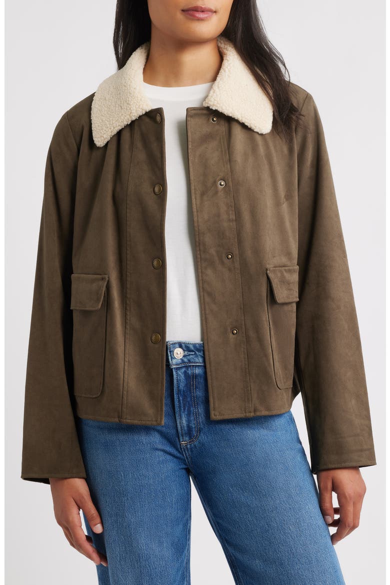 Faux Leather Jacket with Faux Shearling Collar, Alternate, color, LODEN
