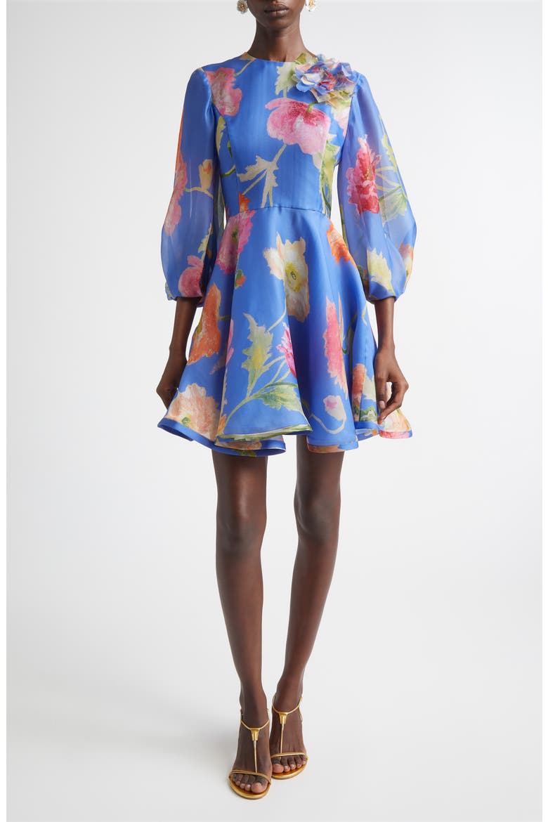 Poppy Print Floral Puff Sleeve Silk Organza Minidress, Main, color, BLUEBELL MULTI