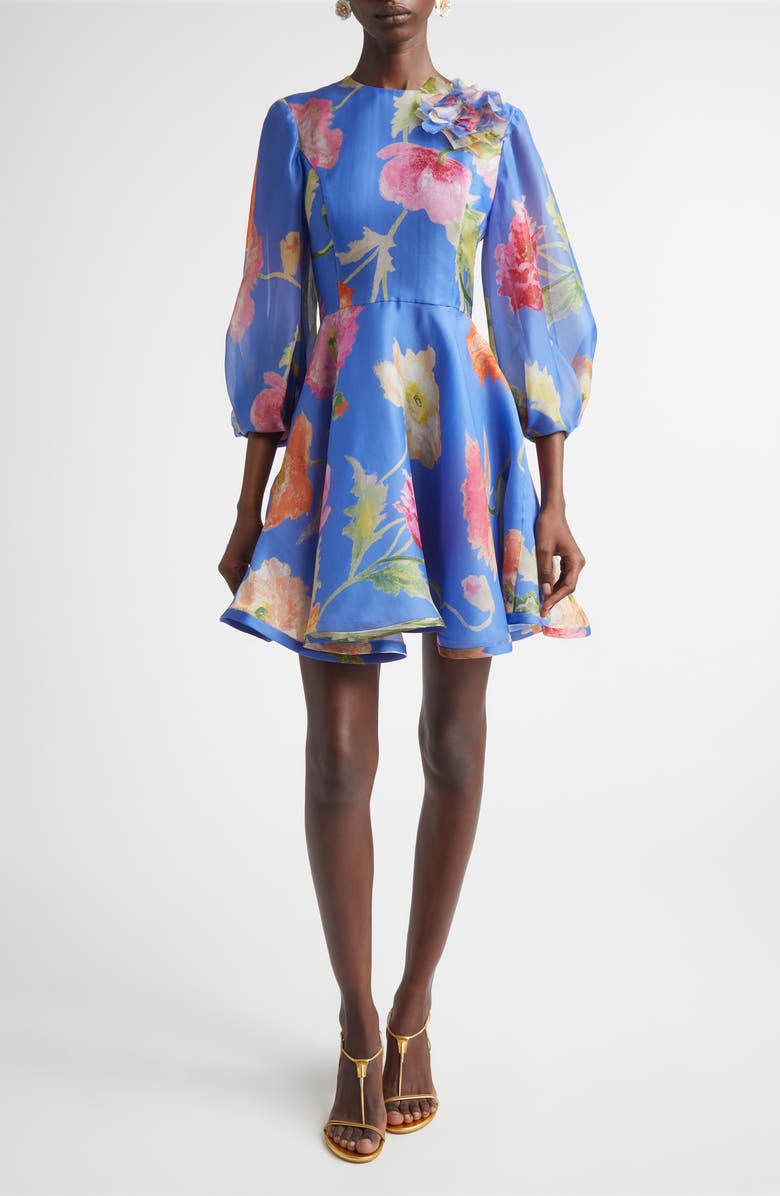 Carolina Herrera Poppy Print Floral Puff Sleeve Silk Organza Minidress, Main, color, Bluebell Multi