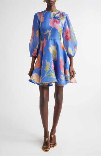 Poppy Print Floral Puff Sleeve Silk Organza Minidress