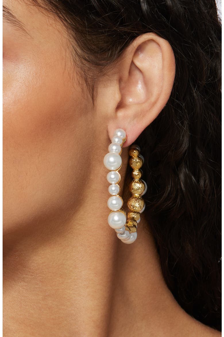 Faux Pearl Hoop Earrings, Alternate, color, POLISHED GOLD