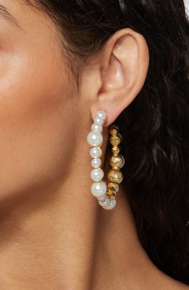 Kenneth Jay Lane Faux Pearl Hoop Earrings, Alternate, color, Polished Gold