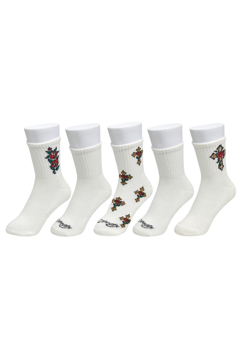 Rose Cross Print Half Cushion Mid Crew Sock 5 Pack, Main, color, Ivory