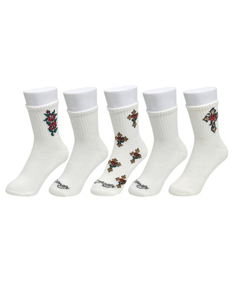 Rose Cross Print Half Cushion Mid Crew Sock 5 Pack