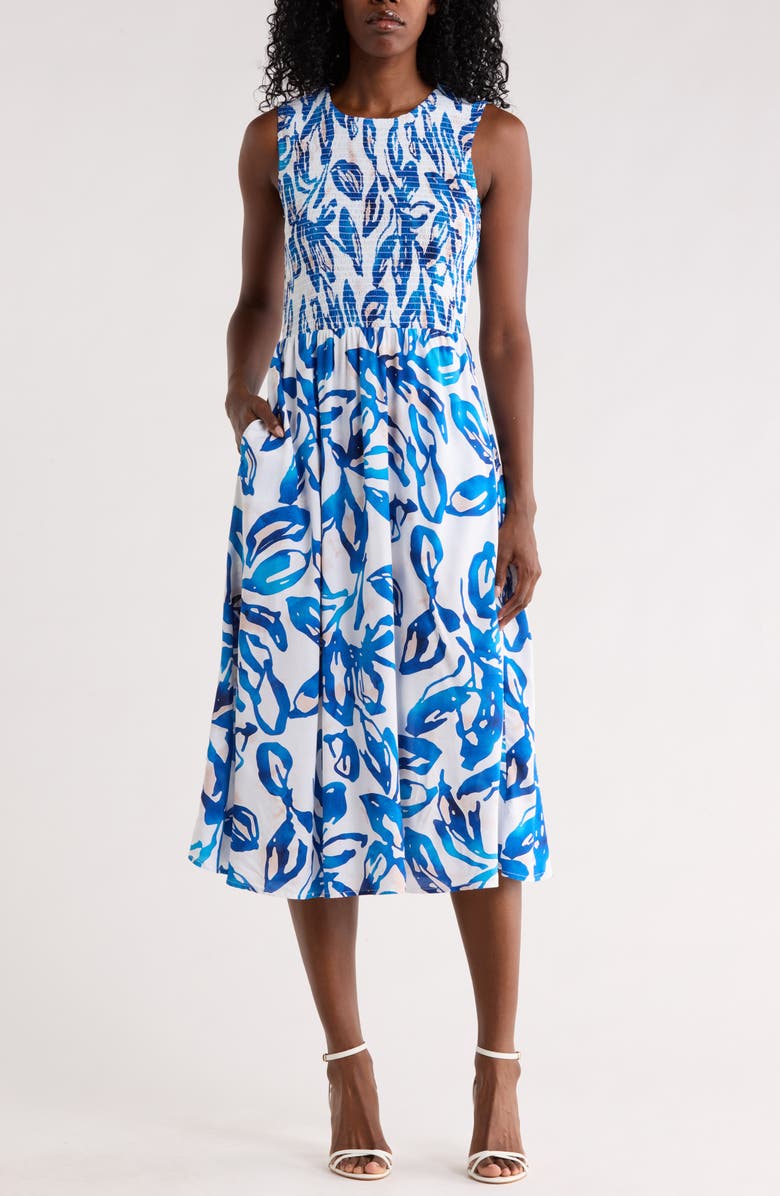 Calvin Klein Smocked Sleeveless Midi Dress, Main, color, Pacific Multi