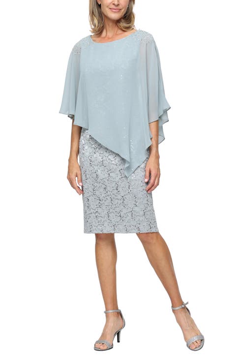 Chiffon Capelet Floral Lace Cocktail Dress