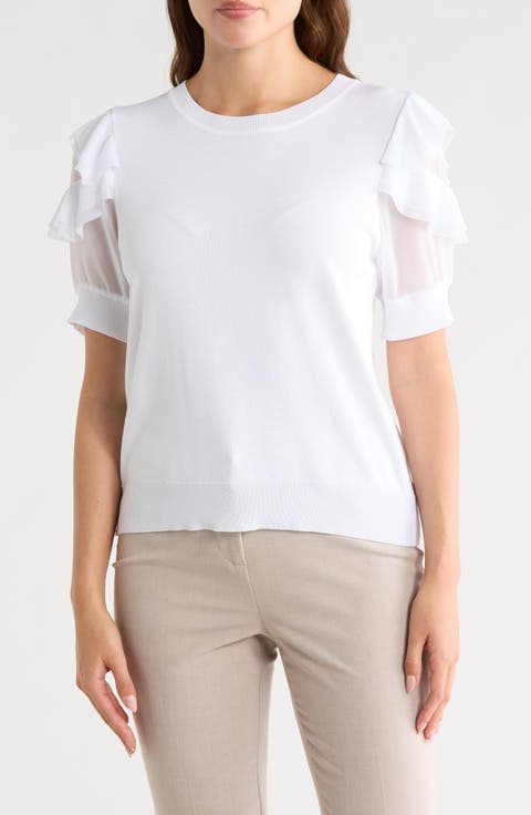 Ruffle Short Sleeve Mixed Media Sweater