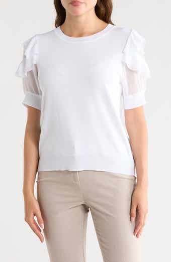 Ruffle Short Sleeve Mixed Media Sweater