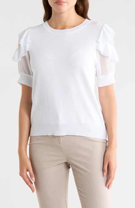 Nanette Lepore Ruffle Short Sleeve Mixed Media Sweater