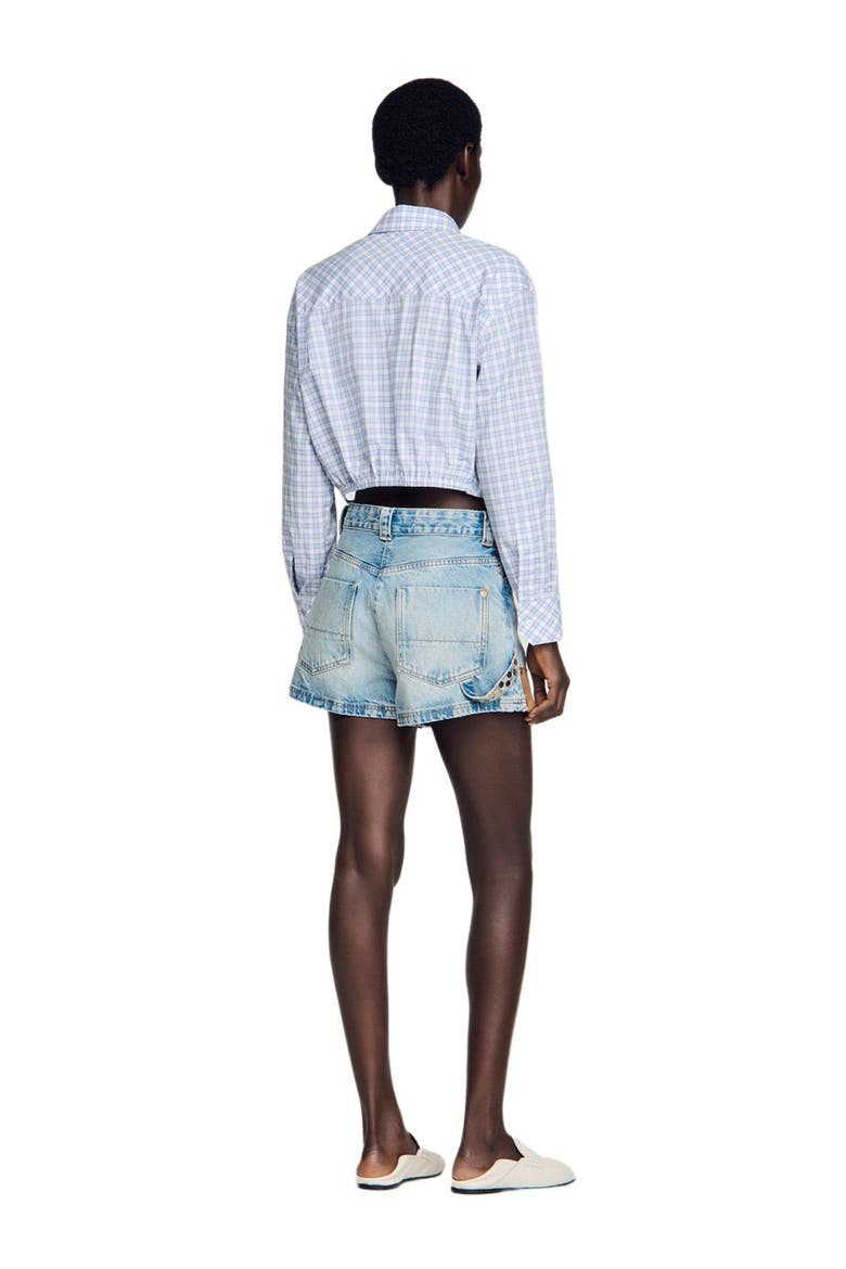 Denim and suede shorts with rivets, Alternate, color, Light bu jean