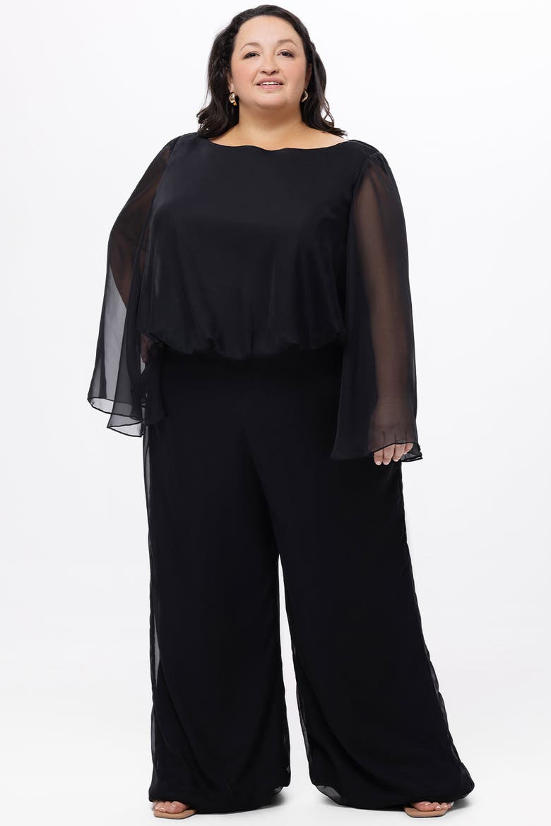 Scoop Neck Wide Leg Plus Size Jumpsuit with Sleeves, Alternate, color, Black