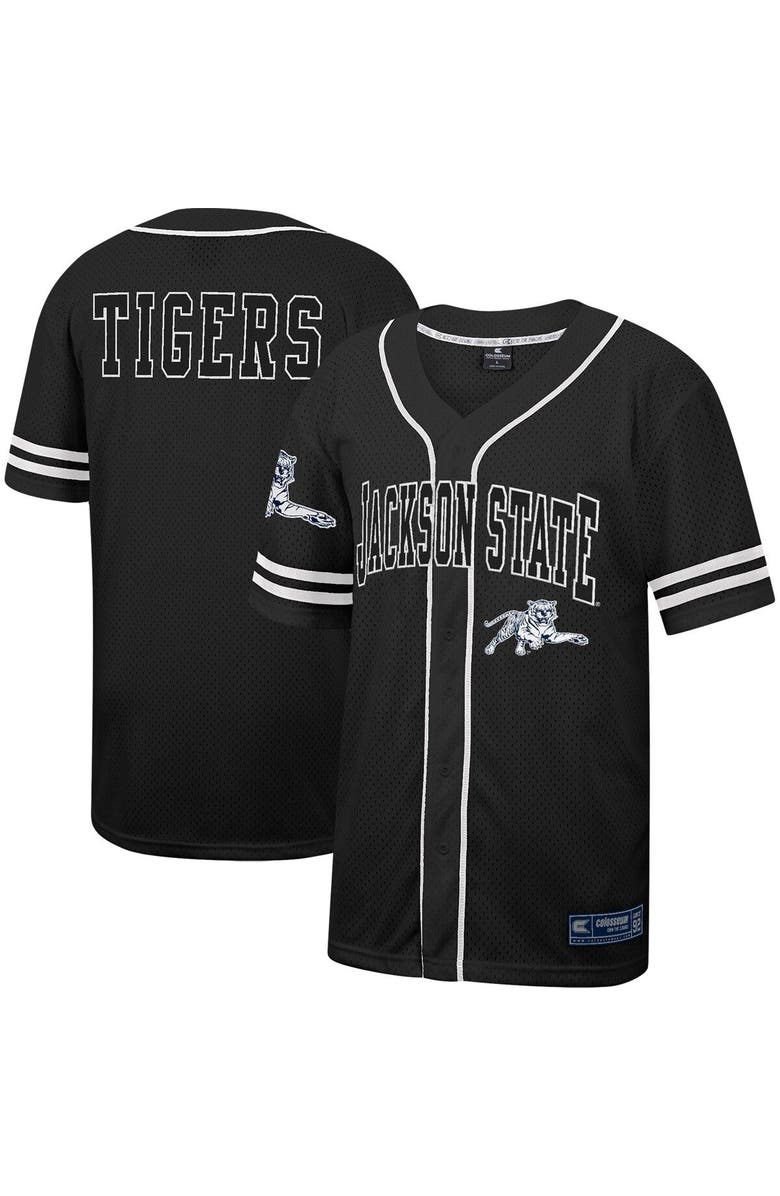 COLOSSEUM Men's Colosseum Black Jackson State Tigers Free Spirited Mesh Button-Up Baseball Jersey, Main, color, 