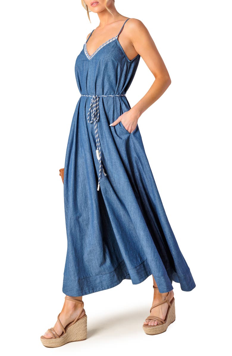 FLYING TOMATO Denim Midi Sundress, Alternate, color, Medium Indigo