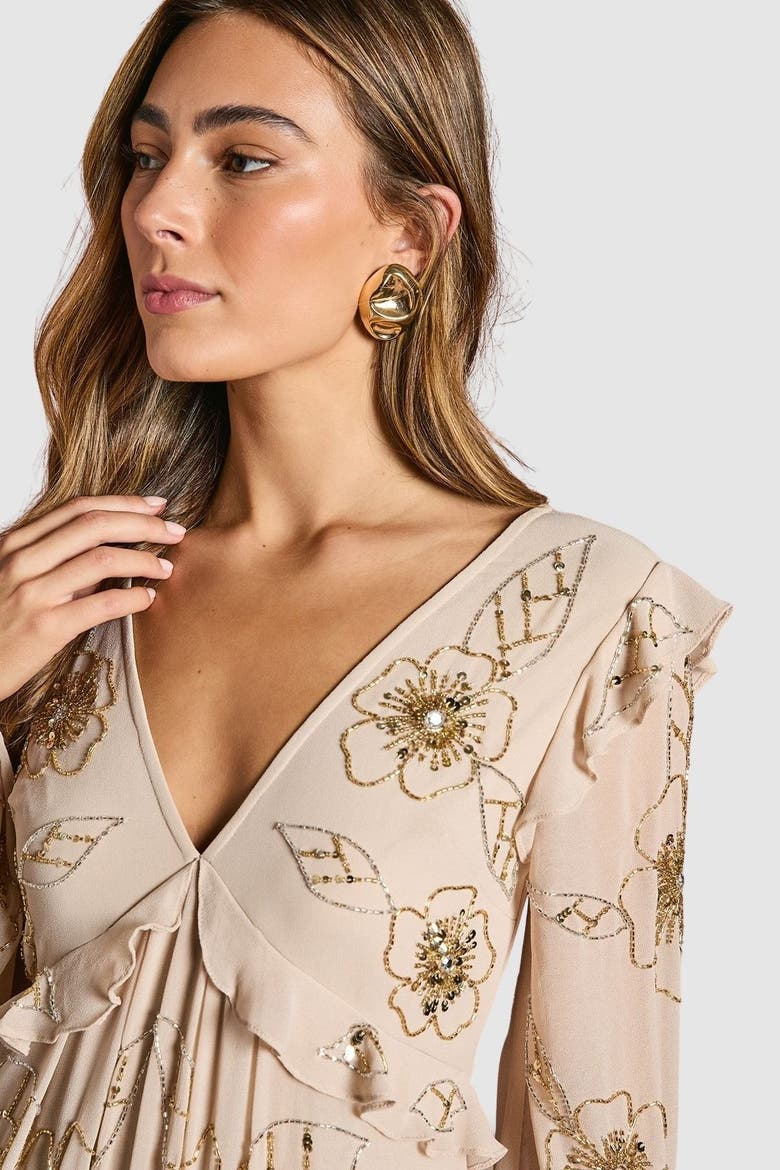 V-Neck Embellished Tiered Midi Dress, Alternate, color, Ivory