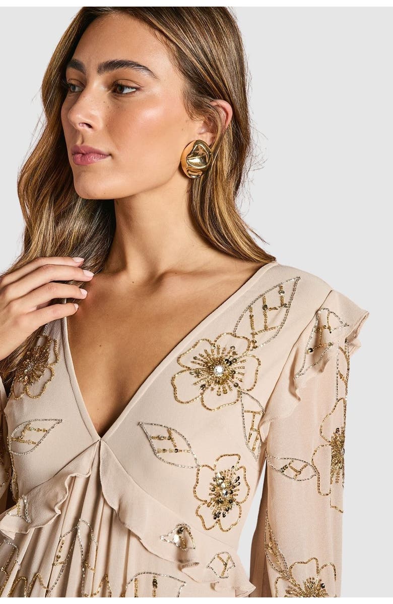 Coast V-Neck Embellished Tiered Midi Dress, Alternate, color, Ivory