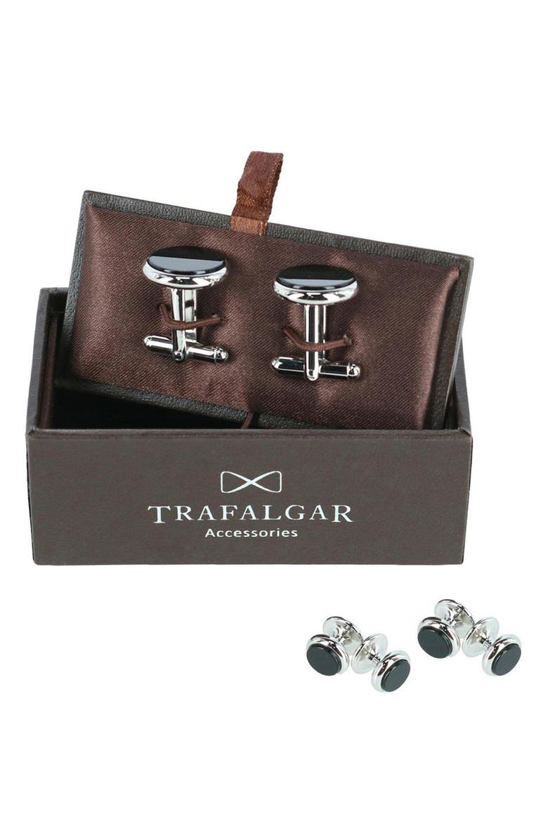 Trafalgar Sutton Onyx Cuff Link & Stud Set, Alternate, color, Rhodium And Genuine Onyx