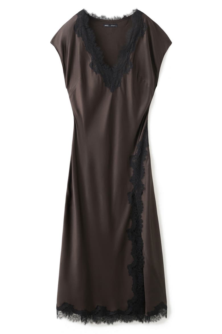 Lace Trim Satin Maxi Dress, Main, color, BROWN