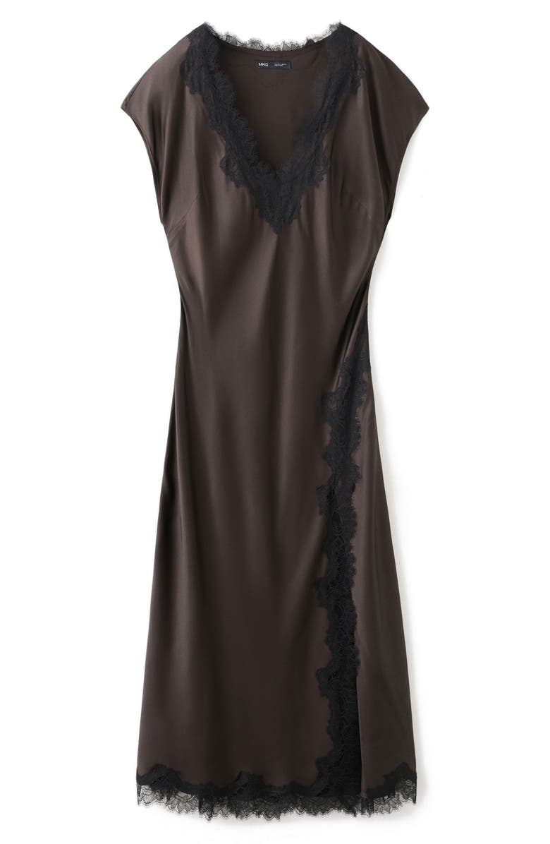 MANGO Lace Trim Satin Maxi Dress, Main, color, Brown