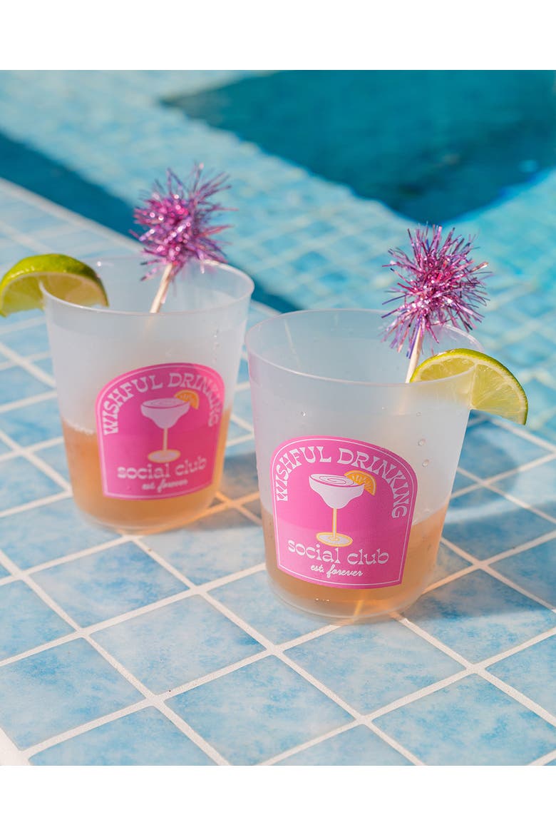 Wishful Drinking Pink Pom Pom Reusable Stackable Cups Set of 10 - 16 oz Shatterproof Party Cups with Pink Pom Pom Stirrers, 6.5x2.5 Inch, Alternate, color, Multicolor