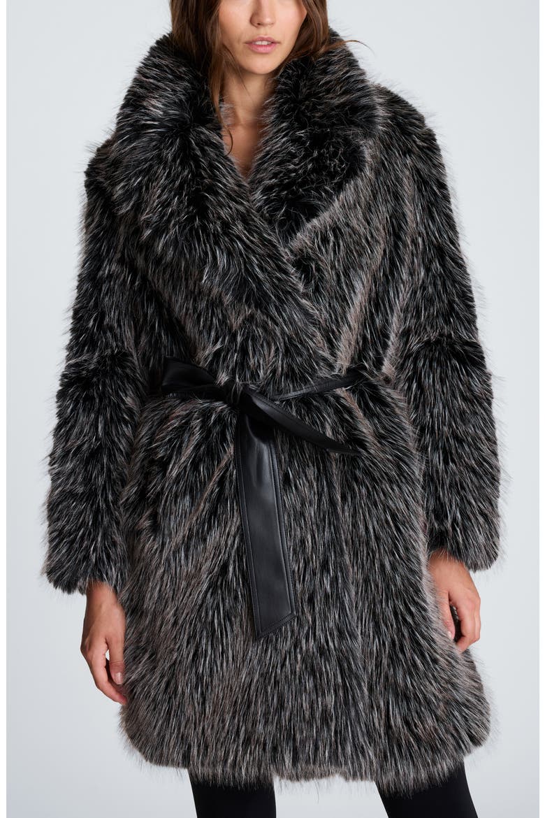 Belted Faux Fur Midi Coat, Main, color, BLACK MULTI