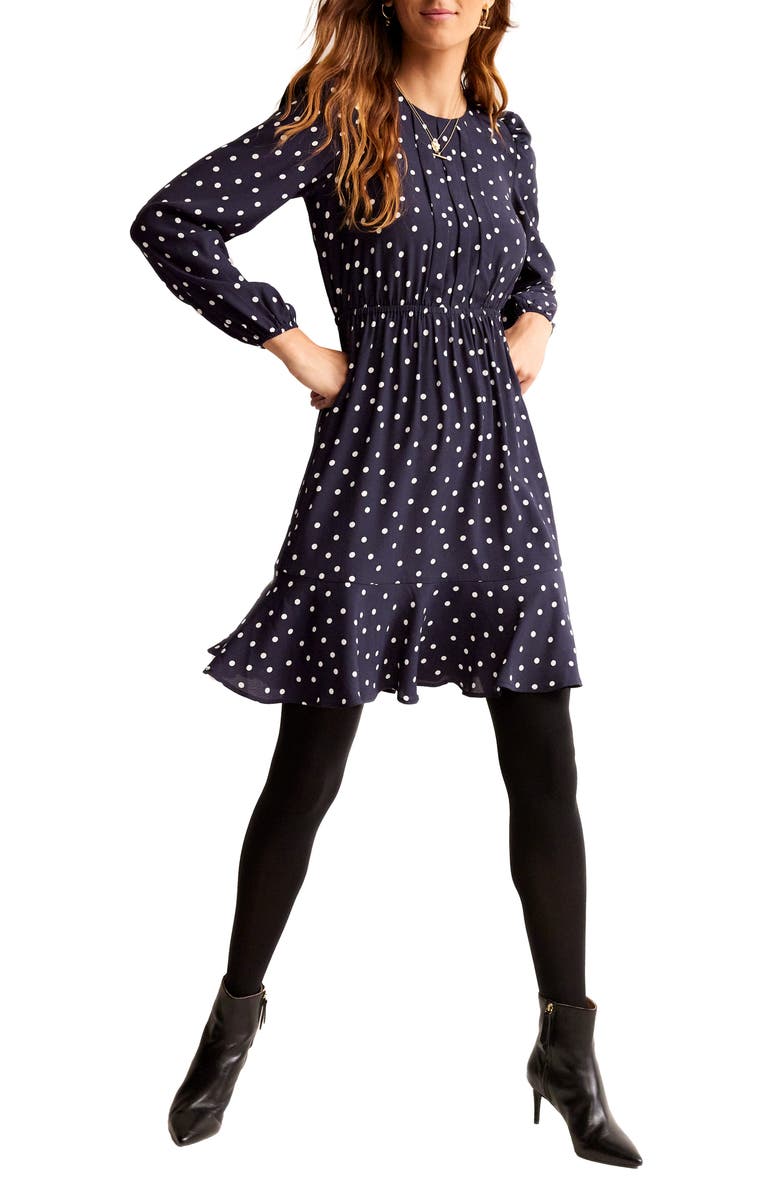 Boden Polka Dot Pleated Bodice Long Sleeve Minidress, Main, color, 