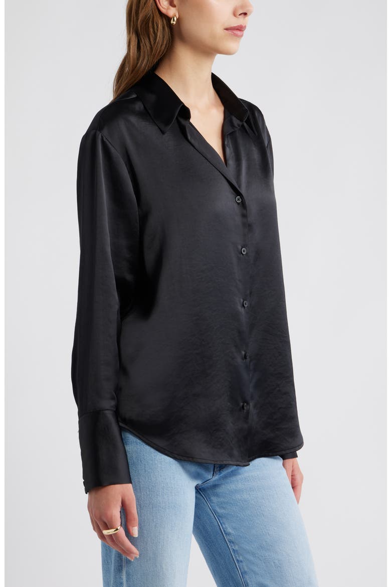 Relaxed Fit Satin Button-Up Shirt, Alternate, color, BLACK