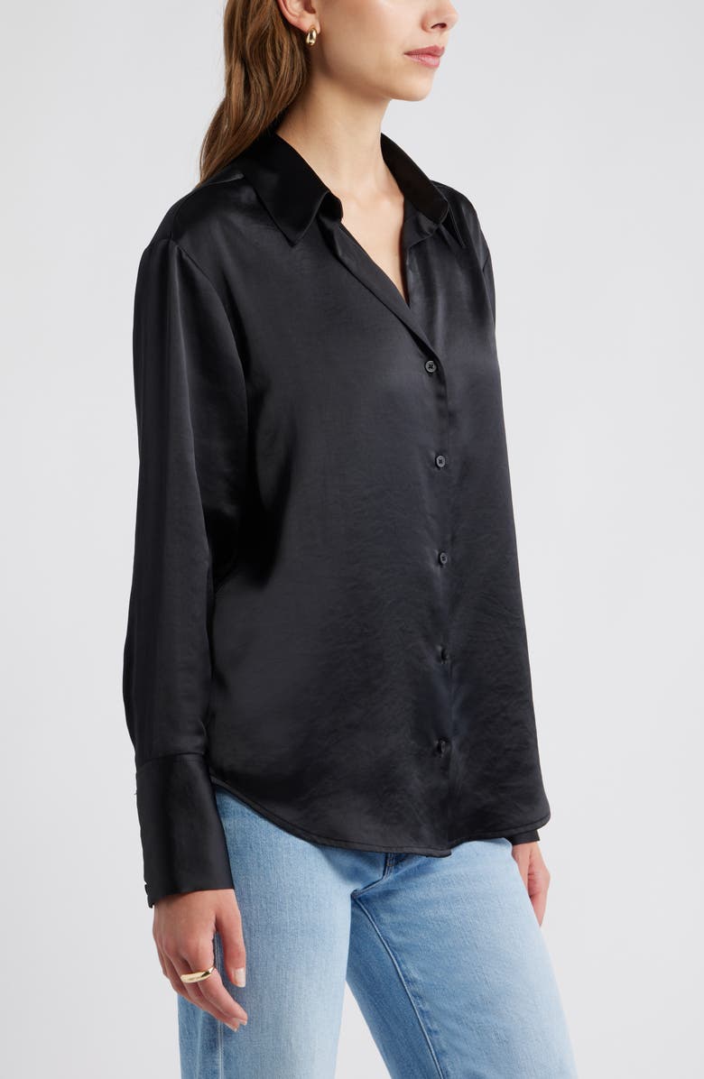 Open Edit Relaxed Fit Satin Button-Up Shirt, Alternate, color, Black