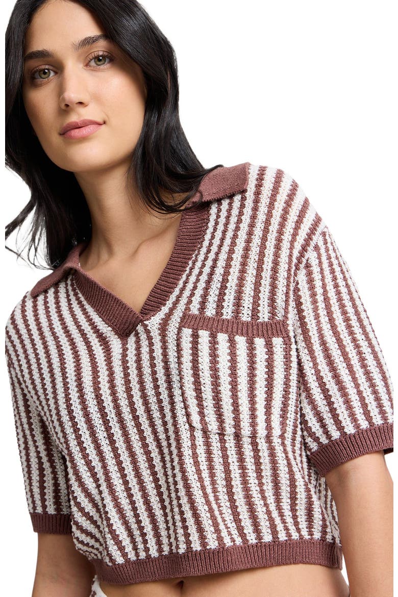 Linen Knit Cropped Polo, Alternate, color, Brown/White