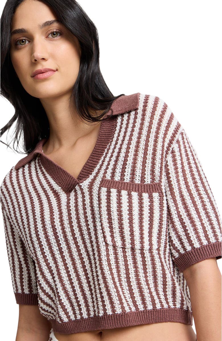 Onia Linen Knit Cropped Polo, Alternate, color, Brown/White