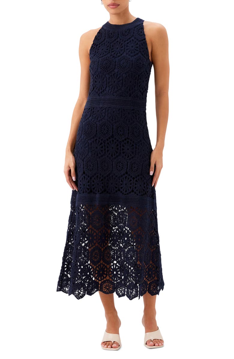 FIFTEEN TWENTY Londyn Crochet Midi Dress, Main, color, Navy