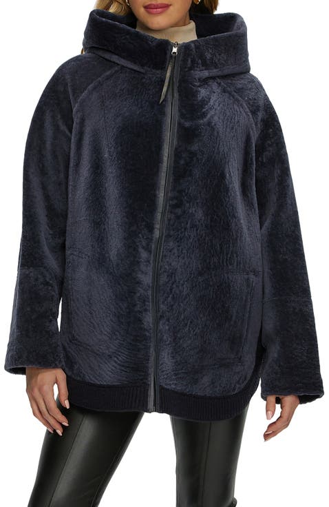 Reversible Textured Genuine Shearling Zip Parka with Ribbed Hem