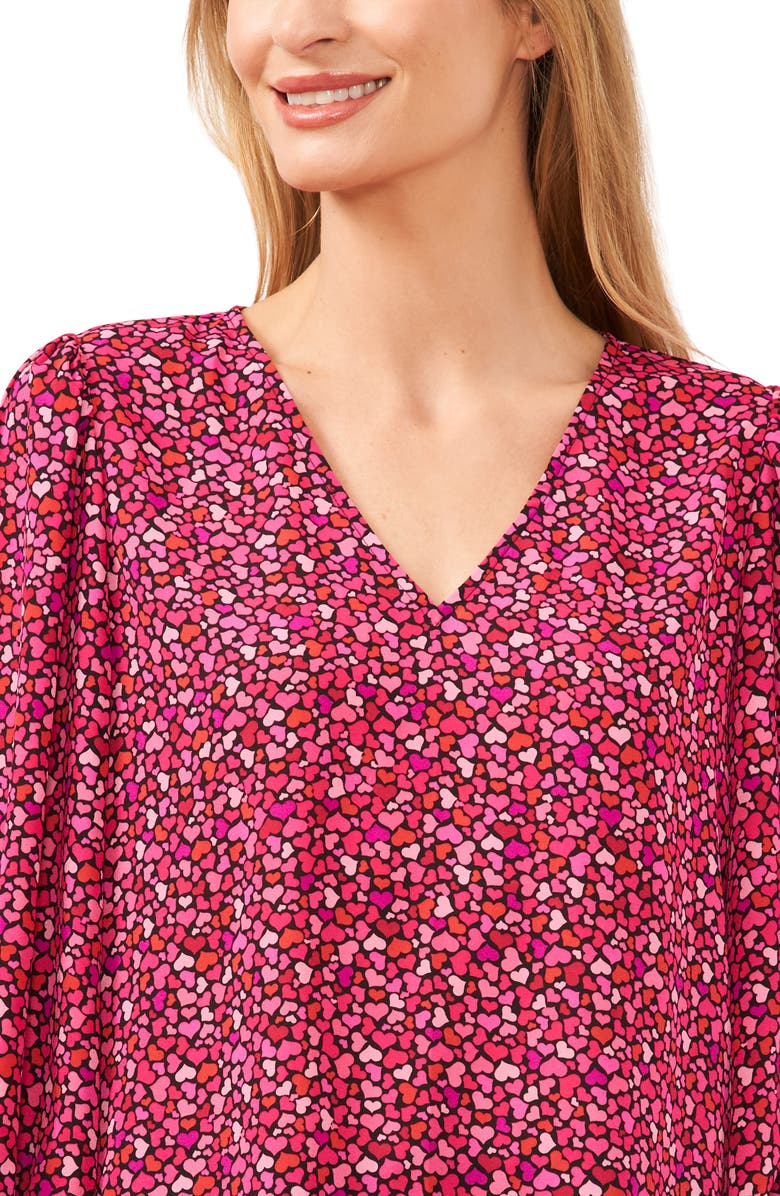 CeCe Heart Print Smocked Cuff V-Neck Top, Alternate, color,