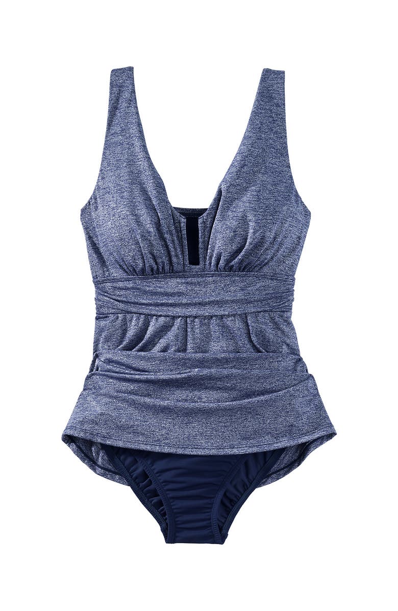 Lands' End Slender Suit Shine U-Wire Swim Dress Swimsuit, Alternate, color, Navy Shine
