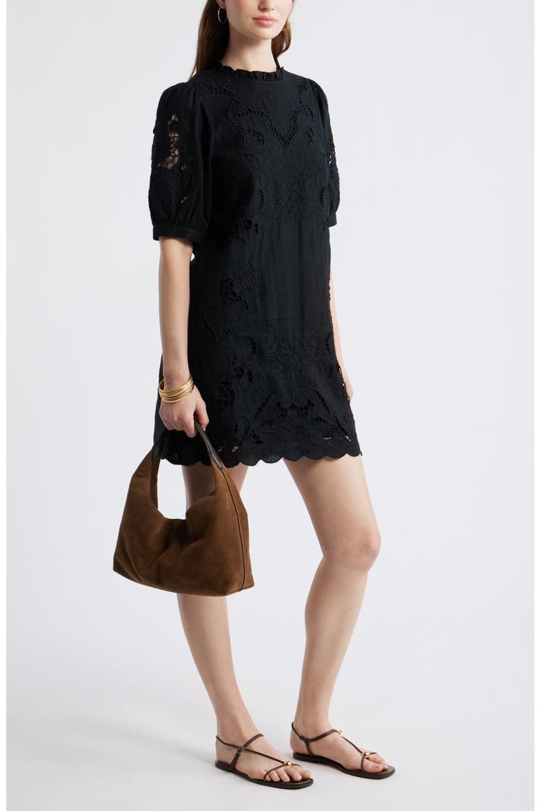 Cutwork Embroidery Minidress, Alternate, color, BLACK