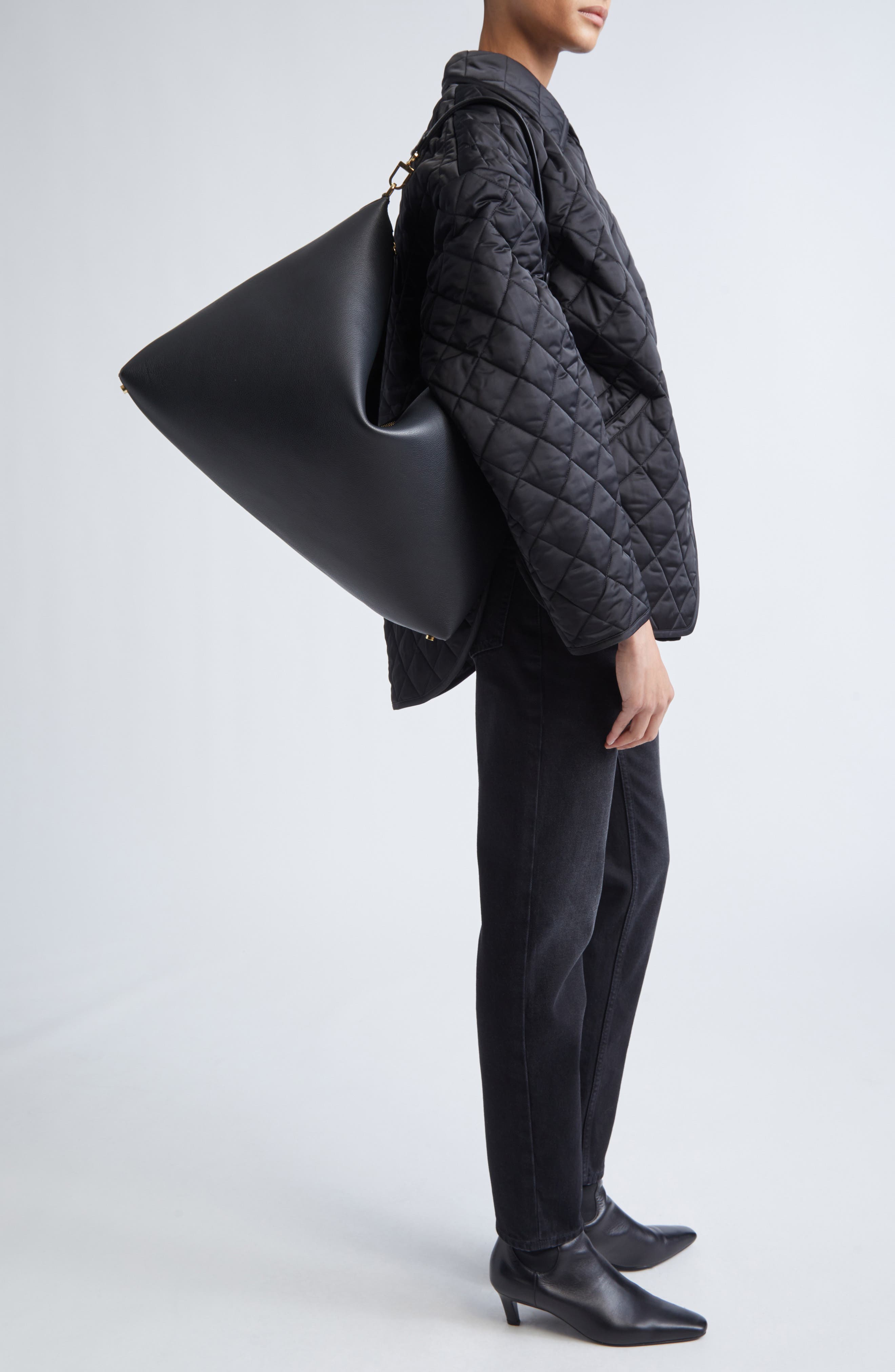 TOTEME Bevel Grained Leather Shoulder Bag, Alternate, color, Black