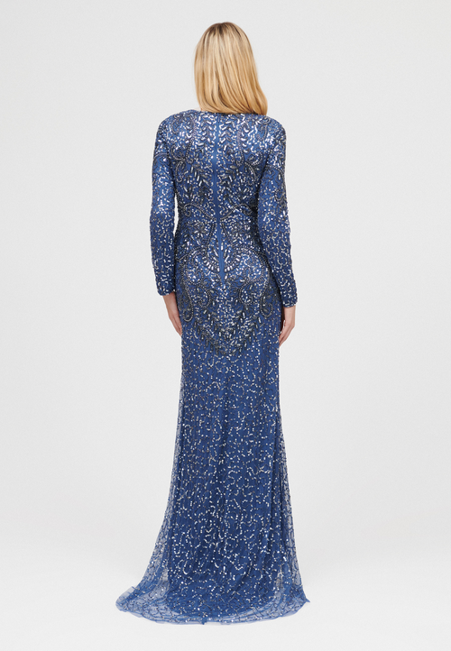 Maryisa Embellished Sequin Beaded Foral A Line Maxi In Turk Blue