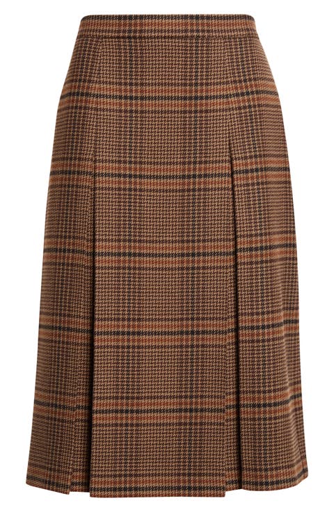 Prince of Wales Plaid Wool Midi Skirt
