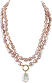 The Pearl Source 9.5-10.5mm Oval Pink Freshwater Pearl Double Strand Necklace